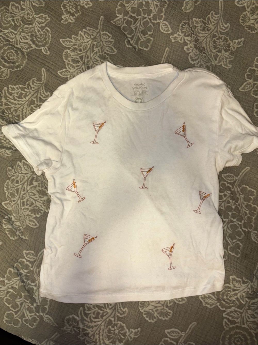 White Tee with Orange Martini Embroidery